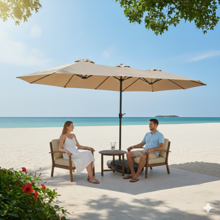 שמשיית פטיו באורך 15 רגל עם בסיס, שמשיית חוץ מלבנית גדולה דו-צדדית עם ידית ארכובה, שמשיית שוק לגינה, מרפסת, בריכה, חצר אחורית או בריכות חוף, צבע בז'